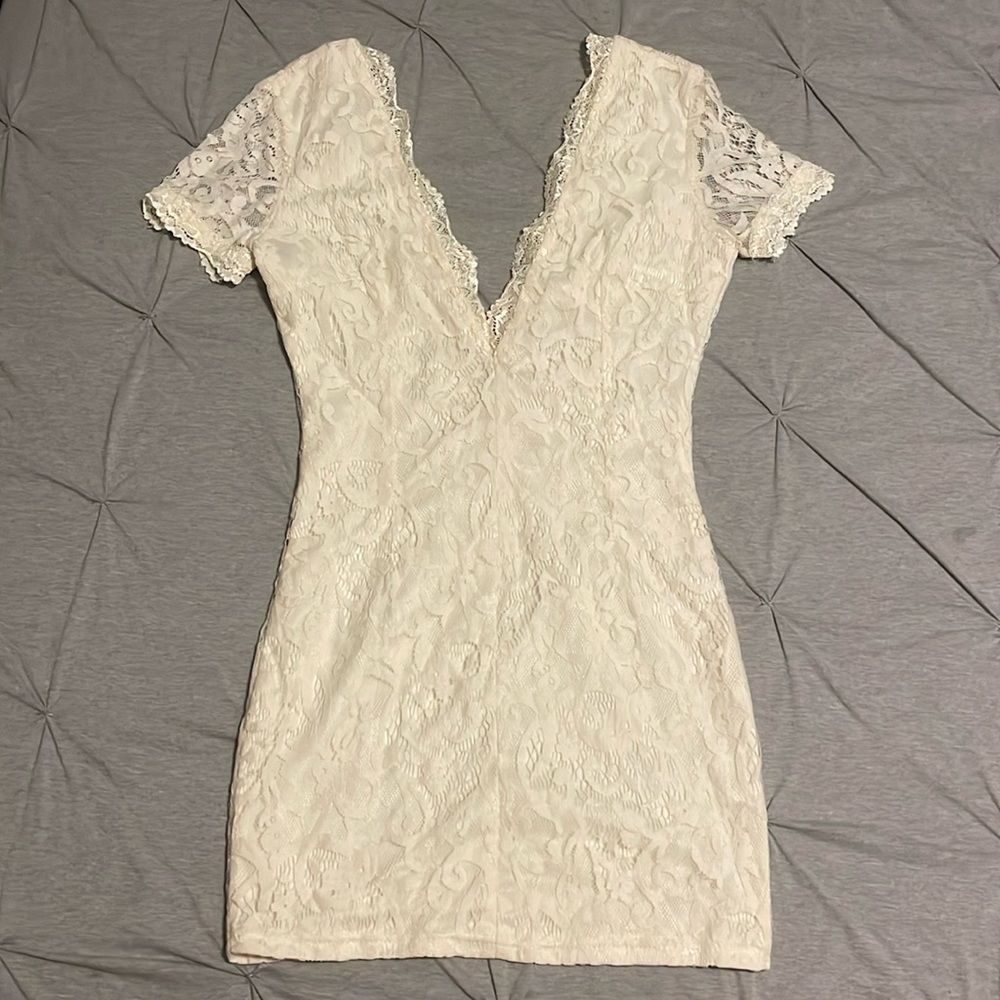 Ivory lace v neck mini dress